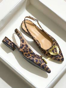 Leopard Print Women's New Mid-Heel Pointed Toe French Style Elegant Sandals With Heart Decoration And Single Strap, Comfortable And Non-Tiring Shoes For Skirts - Leopard - View 3