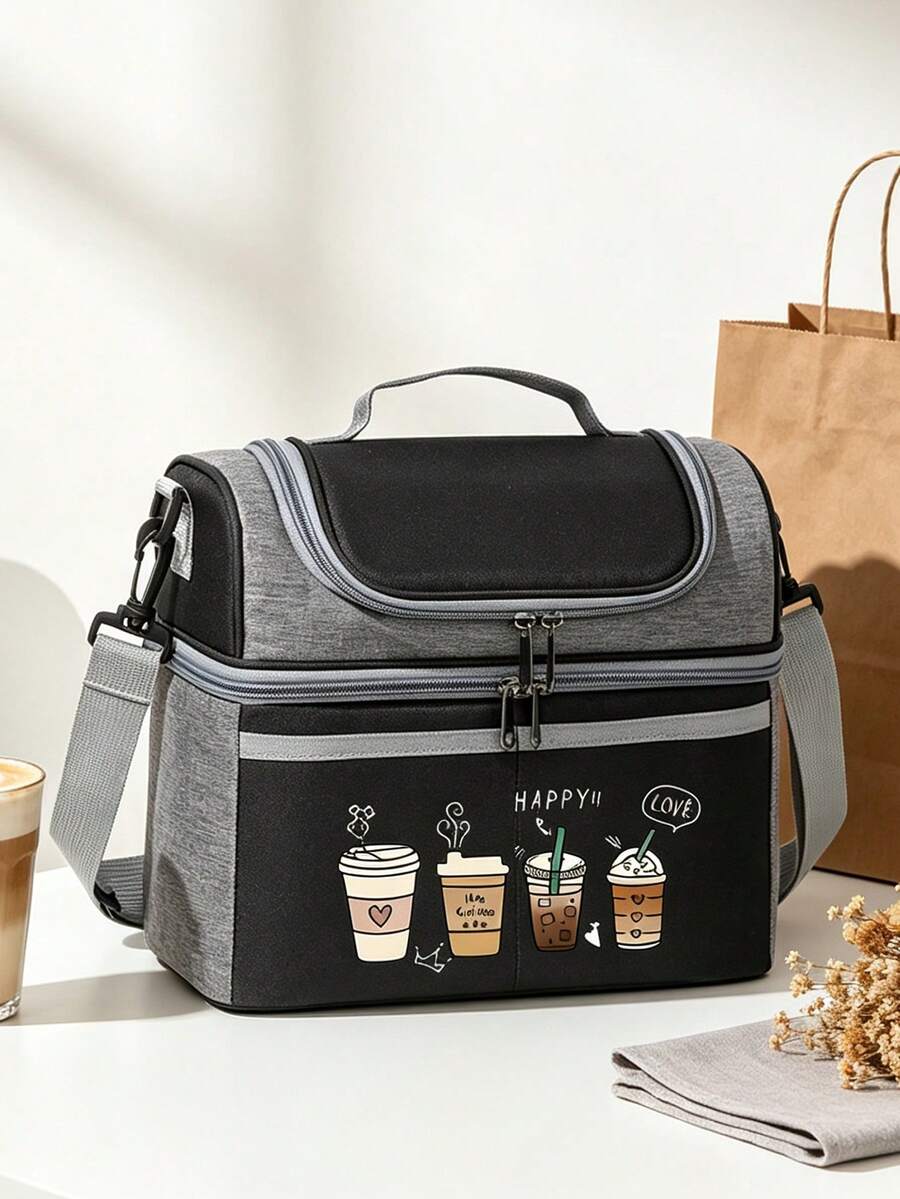Four Cups Of Coffee Print Lunch Bag With Insulated, Dual-Compartment Lunch Bag With Shoulder Strap, Practical, Versatile Gift For Family And Friends - Multicolor - View 1
