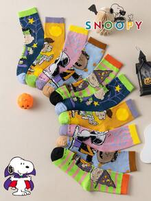 1/5/10雙 Snoopy 女款中筒襪，正版小狗與蝙蝠圖案，趣味卡通風格，萬聖節設計 - 彩色 - 查看 14