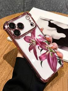 1件新款粉色百合花紋電鍍透明防摔軟 TPU 全包手機殼，適用於 iPhone 17 Pro、16e、16 Pro、15 Pro、14、13、12 和 11，簡約時尚防震軟殼，獨特創意，適合聖誕節、萬聖節、情人節、復活節、婚禮季和生日 - 粉色 - 查看 5