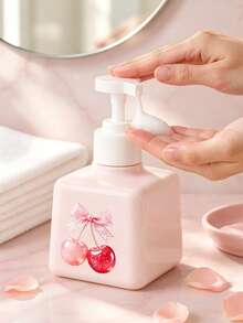 Cherry Pattern Press Type Pump Head Distributor, Foam Press Bottle Square, Thick Wall Lotion Bottle, Refillable Hand Sanitizer Distributor, Large Capacity Lotion Distribution Bottle, Equipped With Press Pump, Suitable For Bathroom Washstand, Hotel, - Multicolor - View 9
