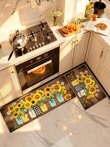 1pc 2D Autumn Floor Mat, Vintage Sunflower Pattern Diatomaceous Earth Mat, Super Absorbent, Non-Slip, Perfect For Bathroom, Kitchen And Dining Room, Quick Dry, Machine Washable, Perfect Gift For Home Decor And Bathroom Mat, Autumn Gift! - Multicolor - View 4