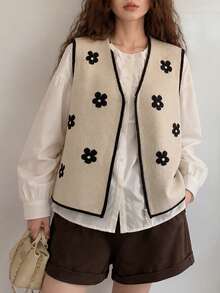 Cardigan/Rompi Wanita Kasual Musim Gugur/Dingin Motif Bunga Minimalis Kerah V - Krem - View 4