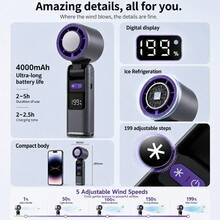 Portable Handheld Ice Cooling Fan, Rechargeable Personal Fan, 100-Speed Stepless Adjustment, 4000mAh (2000mAh*2) Rechargeable Lithium Battery, LED Light And Digital Display, Foldable Handheld Fan, Suitable For Travel And Outdoor - Dark Grey - View 5