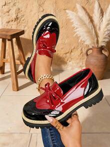 2024 Women's New Round Toe Leopard Print Front Zipper Platform Sole Loafers Thick Sole Colorblock Fashion Shoes - Red - View 1