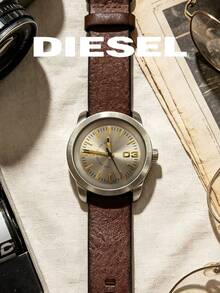 DIESEL Vintage Men's Watch Gold Dial Gold Logo Brown Leather Strap Minimalist Personalized Large Number Casual Wristwatch - Gold - View 6
