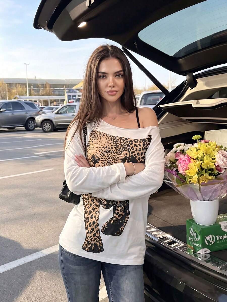 Women's Loose Slouchy Leopard Print Tee, Convertible Off‑Shoulder Crew Neck, Hot‑Girl American Style, Fall Daily Back‑To‑School Commuter Top - White - View 1