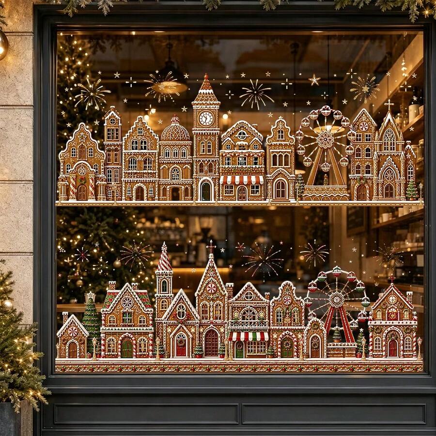1 Set Of 4pcs Christmas Gingerbread Town Ferris Wheel Fireworks Window Sticker, Reusable PVC Electrostatic Adsorption Window Sticker, Suitable For Shops, Cafes, Homes, And Holiday Party Decorations. - Multicolor - View 1