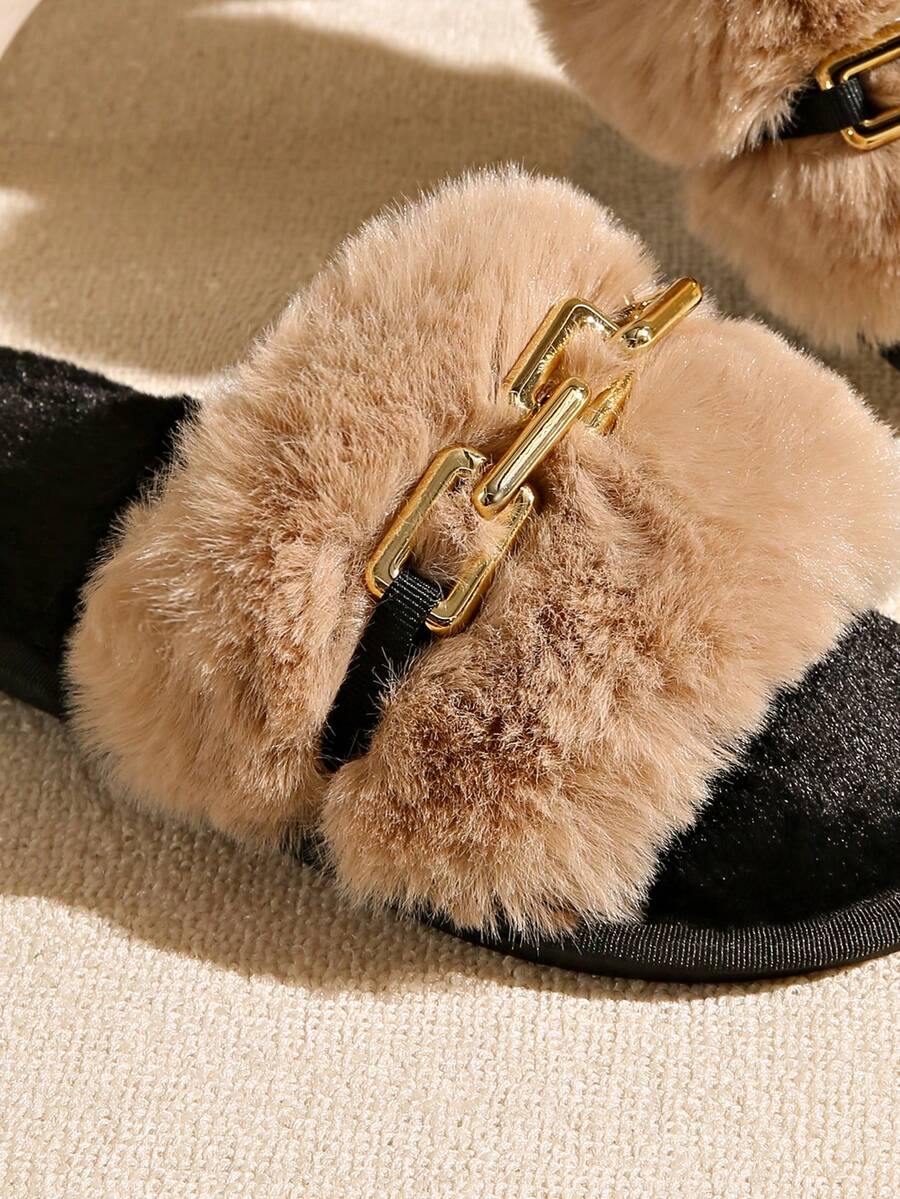 Gentle Home Women Camel Fluffy Faux Fur Open Toe Slide Slippers, Gold Tone Chain Decor Plush Lined Flat Cozy Indoor Daily Slides - Camel - View 1