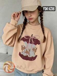 Autumn Girls Printed Sweatshirt With Carousel Deer And Pink Bow Design, White Long Sleeve Crewneck - Apricot - View 1