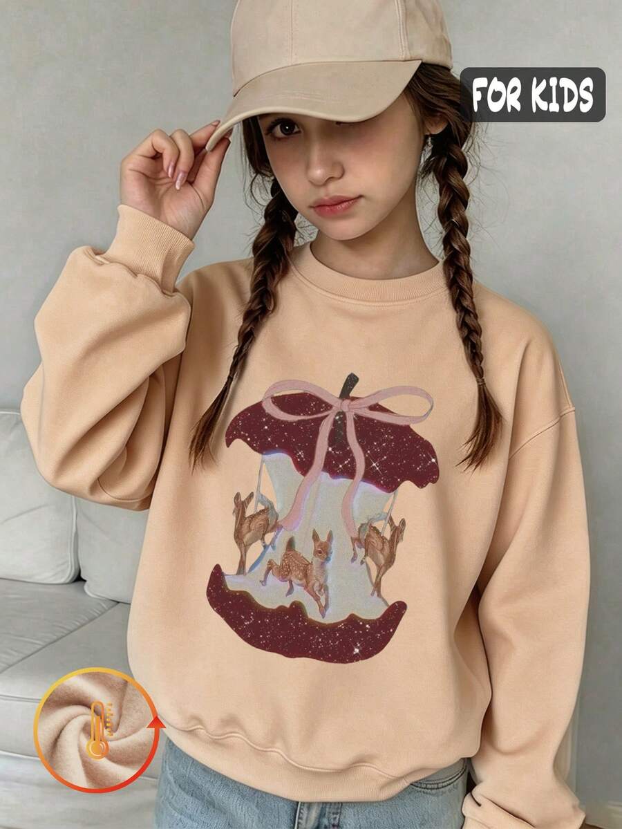 Autumn Girls Printed Sweatshirt With Carousel Deer And Pink Bow Design, White Long Sleeve Crewneck - Apricot - View 1