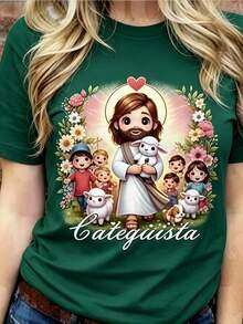 Camiseta de verano para mujer, niñas y niños, de algodón, con estampado floral de animales y la imagen de Jesús Catequista, manga corta, moda de verano - Verde - Ver 10