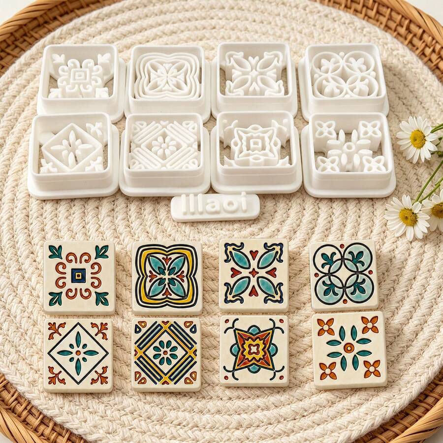 9Pcs Ornate Tile Clay Cutters, Boho Square Floral Pattern Clay Cutting Molds, DIY Handmade Earring Pendant Jewelry Craft Supplies