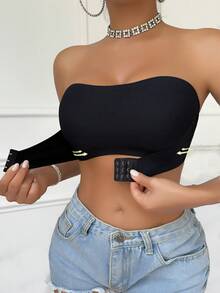 Black Ribbed Front-Clasp Bandeau Bra, One-Shoulder Bandeau Top, Front Hook Design, Removable Inserts - Multicolor - View 5