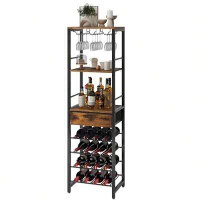 IBUYKE - Estante de vino para piso no empotrado, clóset de bar para licor y vasos, gabinete de madera de 4 niveles, soporte de vidrio y cajón de almac