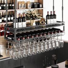 Ceiling Wine Glass Rack Hanging Wine Rack with Glass Holder and 2-Layer Shelf, Height Adjustable Industrial Hanging Wine Bottle Holder for Bar Cafe Ki - Bronce - Ver 4
