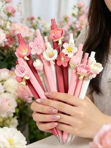 5/1pc 3D Cute Flower Neutral Pens, Cherry Blossom/Peach Blossom Pens, Creative Cute Flower Click Pens, High-Quality Student Neutral Pens & Ballpoint Pens, Back To School Gift For Students And Friends - Multiple Styles - View 2