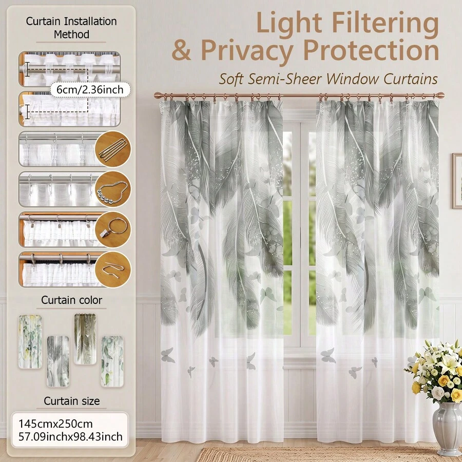 FLYINGCURTAINS Lightweight Semi Blackout Curtains With Tropical Rainforest Pattern Filter Curtains For Privacy Protection, Thin Gauze Curtains, Pole Bag Style Soft Curtains Suitable For Bedroom And Living Room Decoration - Grey - View 1