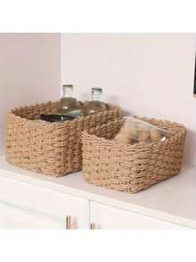 Handwoven Storage Basket Set, 1pc/2pcs/3pcs/4pcs, Paper Rope Material, Suitable For Living Room, Bedroom, Cabinet And Office, Home Decor, Shelf Storage Basket, Halloween Gift, Christmas Decoration Storage Basket - Khaki - View 13