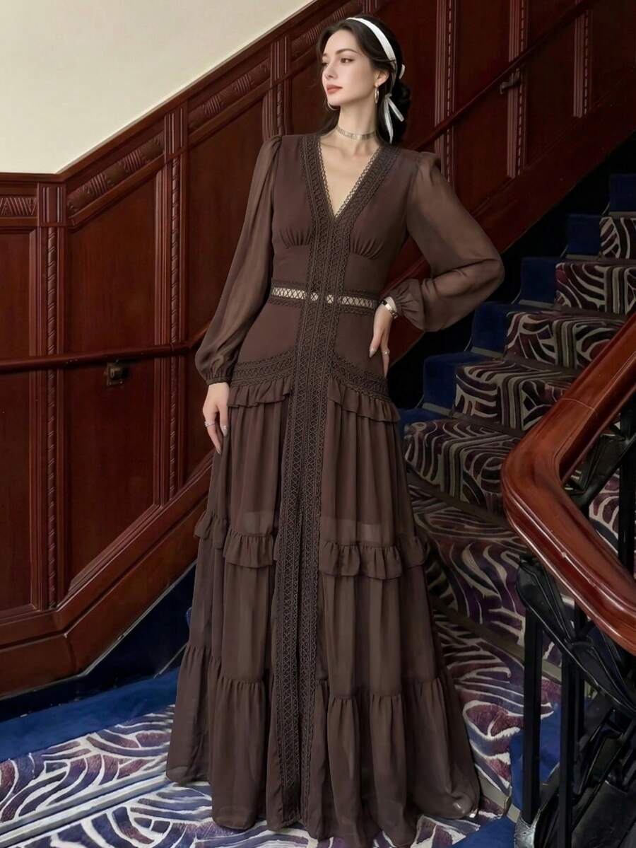 Women's Spring Solid Color Ruffle Patchwork Long Dress, V-Neck Lantern Long Sleeve Bohemian Style, Suitable For Wedding, Party, Ball, Summer Elegant - Coffee Brown - View 1