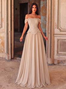 Women's Luxury Sequin Strapless Square Neck Full Skirt Maxi Ball Gown, Suitable For Formal Occasions - Champagne - View 4