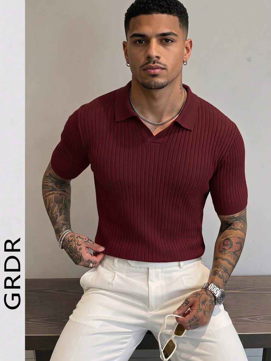GRDR Suéter de punto de manga corta con cuello polo de unicolor para hombre, adecuado para salidas de verano, esencial para un estilo de moda
