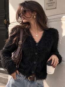 Women's Fall Winter Black Imitation Mink Knit Cardigan,V Neck Button Front Long Sleeve Sweater,Soft Daily Versatile Cardigan, Casual Vacation Outfit - Black - View 10