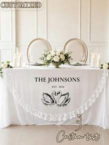Custom Wedding Tablecloth With Lace Trim, Personalized Mr Mrs Name & Est Date Printed Sweetheart Table Cover, Romantic Swan Pattern Sheer Table Cloth For Bridal Shower Wedding Reception Decor - Multicolor - View 2