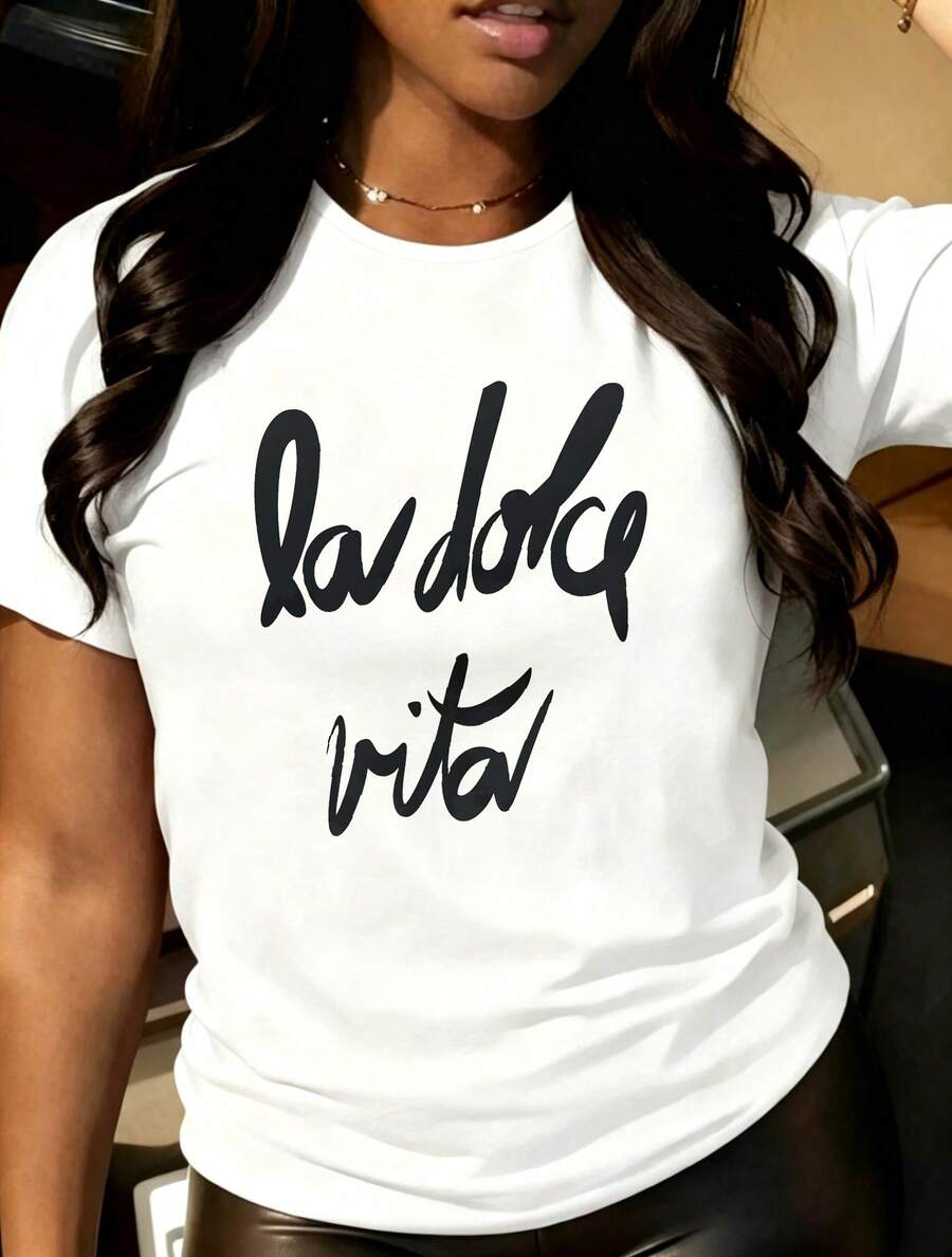 Mediterranean Inspired Cotton T‑Shirt, Cursive Italian Phrase Hand‑Lettered Front‑Print Graphic, For City Travel Daily Outing Looks - White - View 1