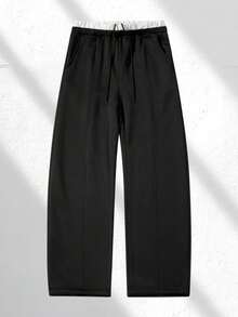 Men's Double Waistband Wide Leg Sweatpants, Fleece Lined, Drawstring Elastic Waist, Casual Loose Fit With Pockets, Streetwear Style For Daily Wear - Black - View 3