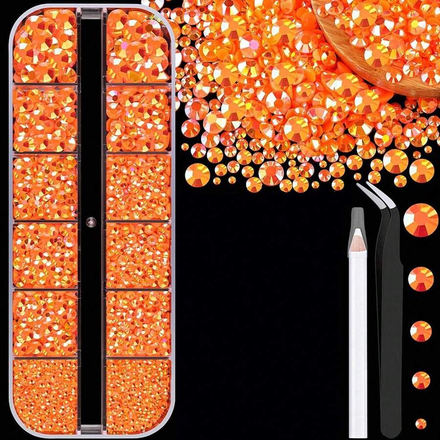 12-Grid Orange Jelly Resin Rhinestones (SS6-SS30) Set, DIY Handmade Rhinestone Cup & Tumbler Decoration, Summer Vibrant Hair Clip Material Kit, Suitable For Phone Case Embellishment, Clothing Decoration, Shoe Decoration, Tweezers & Rhinestone Applicator Pen - Multicolor - View 1