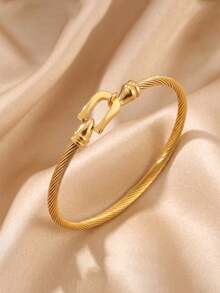 5/1pcsQuiet‑Luxury Stack Bracelet Set, Gold‑Tone Heart Pendant Roman Numeral Zirconia Stainless Steel Bangles For Daily Outfit & Trips - Gold - View 16