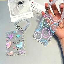 Cute Smile & Heart Pattern Transparent Acrylic Wavy Edge ID Card Holder With Spring Ring Wrist Strap, Suitable For Student Campus Card, Meal Card, Metro, Bus And Elevator Card, Card Holder Protective Case, Bag Decoration - Multicolor - View 8