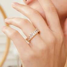 MDFUN 18K White Gold/Plated Women's Eternity Ring, Single And Double Row Fully Paved Cubic Zirconia Band, Personalized Wedding Stackable Finger Ring - Gold - View 3