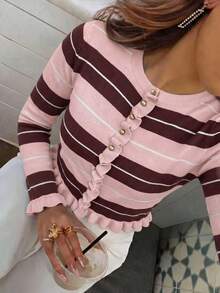 女款秋冬休閒優雅藍色條紋拼接金屬鈕扣荷葉邊針織長袖開襟衫，返校季毛衣 - 粉色 - 查看 3
