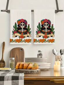 2pcs/4pcs Day Of The Dead Sugar Skull Girl Print Kitchen Towels, Floral Cactus Pattern Dish Cloths, Multi-Purpose Household Cleaning Rags, Holiday Decor Practical Gift - Multicolor - View 7