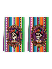 2pcs/4pcs Day Of The Dead Catrina Skull Print Kitchen Towels, Mexican Floral Gold Trim Dish Cloths, Multi-Purpose Household Cleaning Rags, Holiday Decoration Gift - Multicolor - View 4