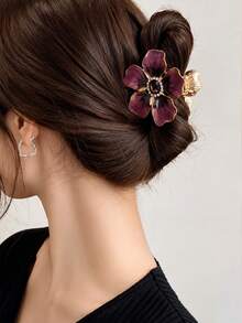 1pc Vintage Purple Flower Rhinestone Hair Clip, Elegant French Style Hair Accessory For Women, Sweet Elegant For Banquet, Date, Wedding And Daily Styling - Multicolor - View 1