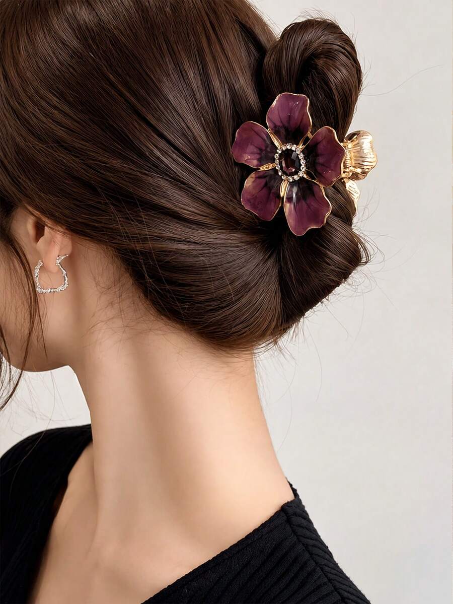 1pc Vintage Purple Flower Rhinestone Hair Clip, Elegant French Style Hair Accessory For Women, Sweet Elegant For Banquet, Date, Wedding And Daily Styling - Multicolor - View 1