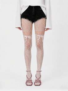 1 Pair Plus Size Women's White Floral Lace Over-The-Knee Socks, Satin Bow Decor Hollow Mesh Socks - Multicolor - View 3