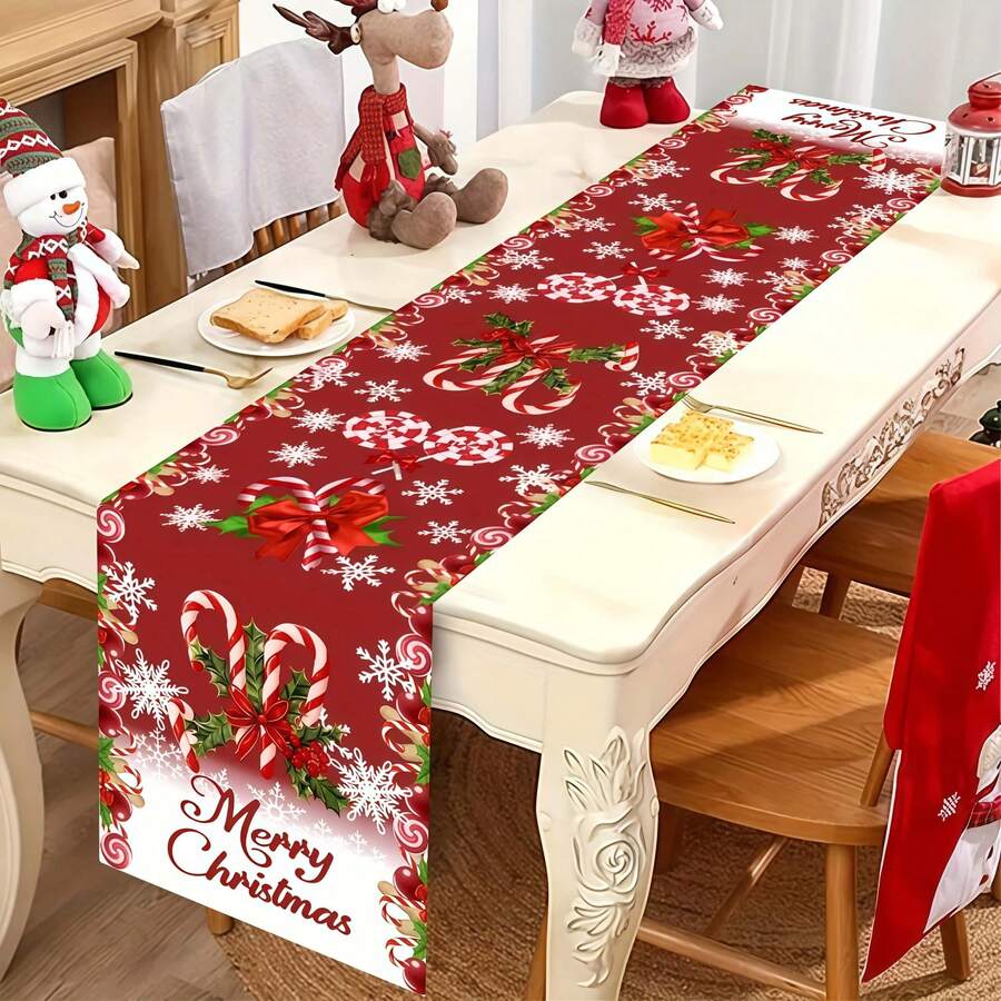 1pc Christmas Polyester Table Flag, Made Of Polyester Material, Featuring Cane Candy, Snowflakes, Wintergreen, "Merry Christmas", Creating A Festive Atmosphere Of Christmas, Suitable For Christmas Party Decorations, Table Decorations, Etc.