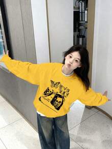 Autumn/Winter American Retro Portrait Letter Print Crew Neck Sweatshirt For Women, Lazy Casual Versatile Loose Fit Top - Yellow - View 5