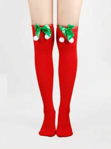 4/3/1 Pairs Christmas Striped Solid Color Bow Pom Pom Deer Head Green Red Cute Holiday Over Knee Thigh High Socks - Multicolor - View 16
