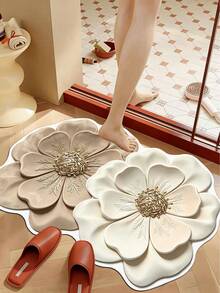 1pc Khaki White Floral Bathroom Mat, Bathroom Rug, Door Mat, Small Rug, Carpet, Floor Mat, Home Decor, Area Rug, Outdoor Mat, Home Decor, Area Carpet, Bedroom Rug, Washable Rug - Multicolor - View 4