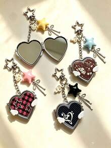 Korean Vintage Love Small Wing Mirror Bag Charm Ins Style Music Note Guitar Pendant Portable Heart-Shaped Y2k Small Mirror Niche Key Chain - Multicolor - View 3