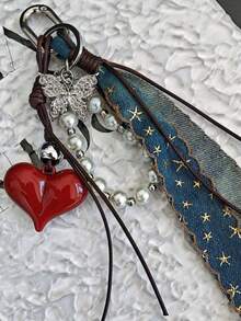 Simple Stylish Cute Bag Pendant, Heart-Shaped Decoration With Silver Bead Bow, Suitable For Daily Matching And Gift Giving As Bag Pendant Keychain - Red - View 2