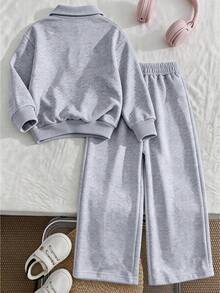 Setelan 2 Potong untuk Anak Perempuan Remaja: Hoodie Berresleting Motif Pita Merah Muda & Celana Panjang Lebar Merah Muda, Desain Minimalis, Cocok untuk Musim Semi, Gugur, dan Dingin, Nyaman dan Santai - Light Grey - View 2