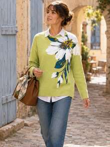 Women's Lightweight Floral Print Sweater - Multicolor Flower Pattern, Casual Crew Neck Long Sleeve Top Fall Vacation - Green - View 3