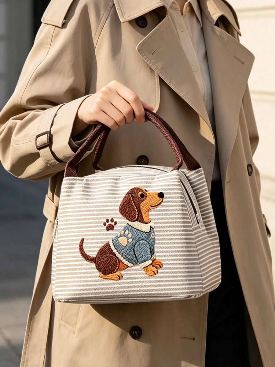 Cute Dachshund Striped Lunch Bag With Utensil Storage, 2D Flat Pattern, Portable Insulated Lunch Bag, Handheld Lunch Bag, Multi-Functional Thermal Bag, Office Lunch Bag, Suitable For School, Picnic, Commute, Reusable, Waterproof Lunch Box, Back To School Essential, Unique Party Gift, Back To School Gift, New Job Gift, Birthday Gift - Multicolor - View 1