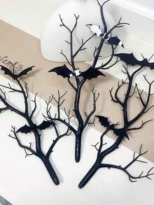 3pcs Artificial Black Branches With 12 Bat Decorations, Halloween Tabletop Vase Decoration, Suitable For Family Parties. - Black - View 2